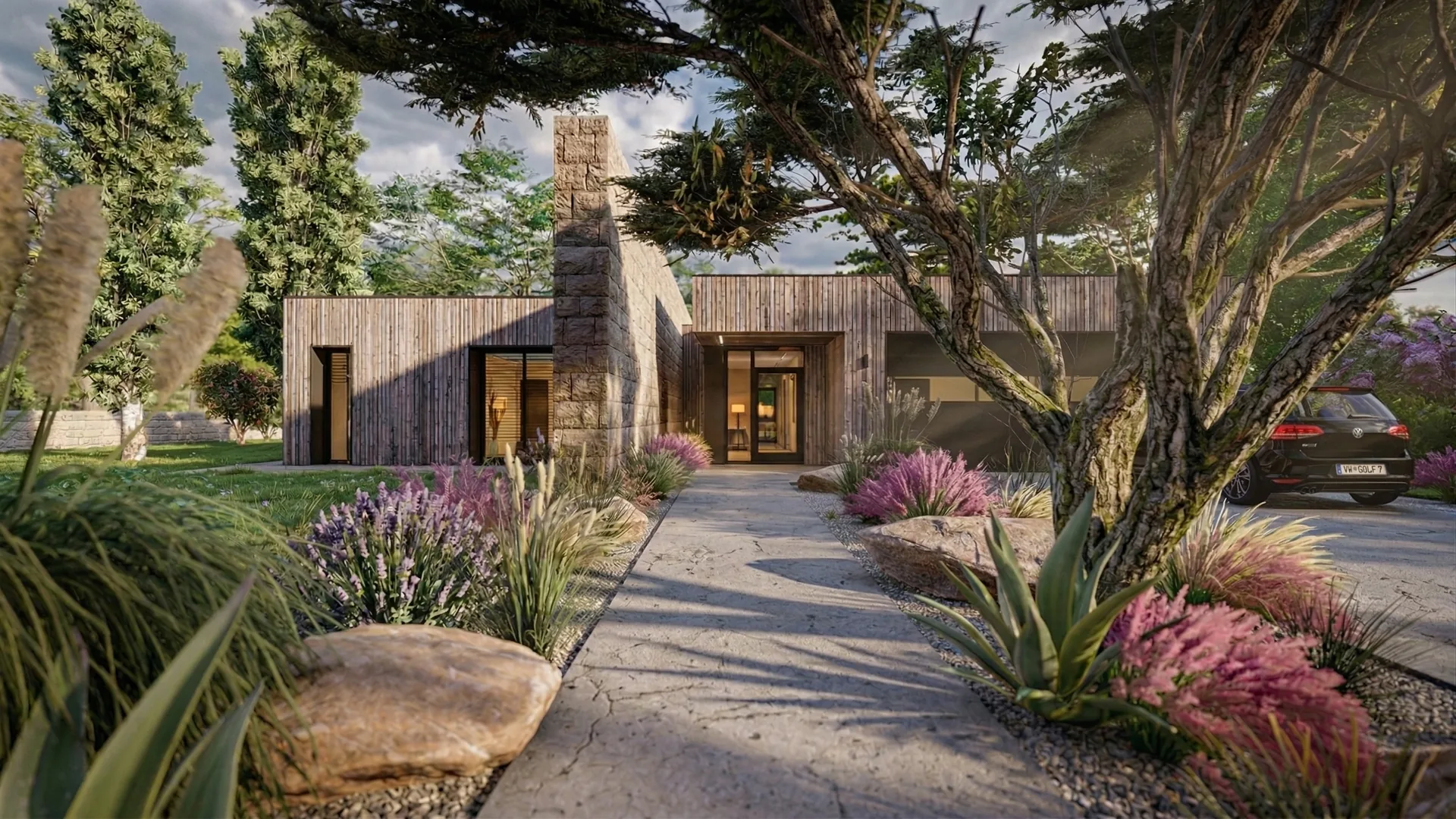 Villa contemporaine bardage bois et pierre