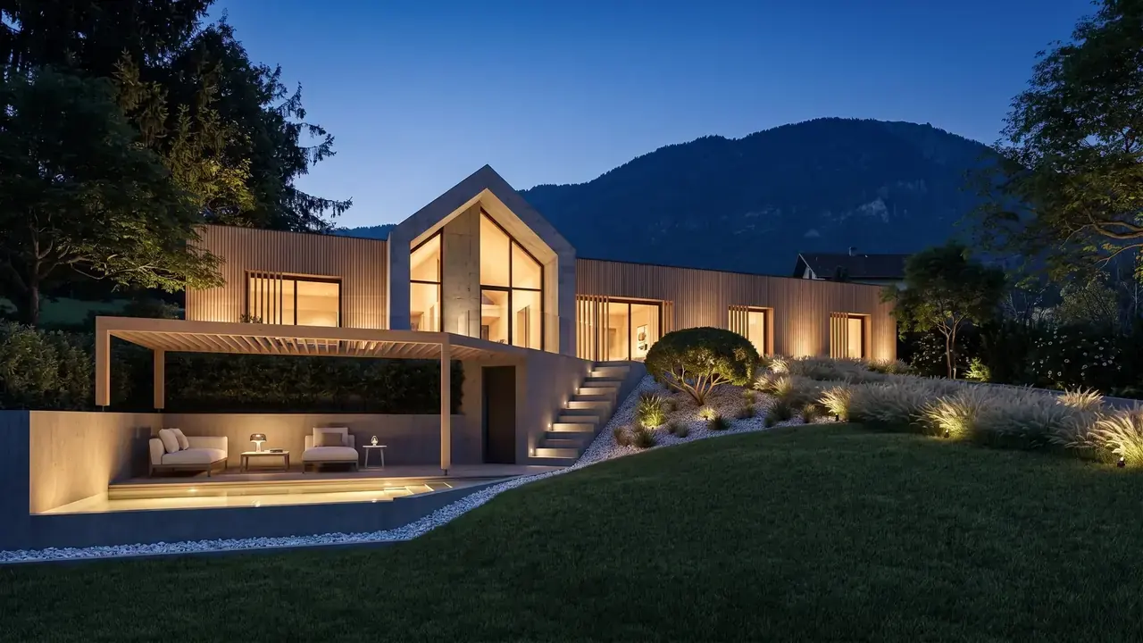 Construction contemporaine béton et bois, vue lac du Bourget
