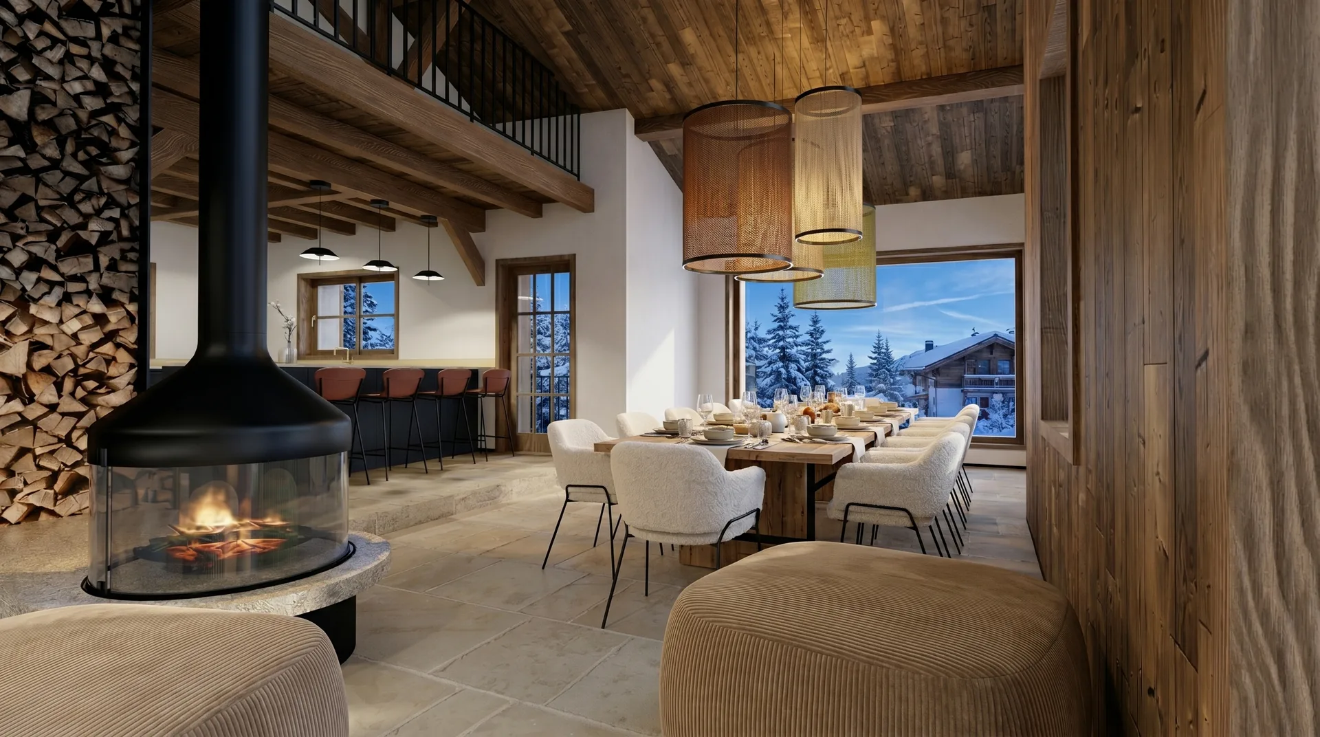 Intérieur chalet alpin avec cheminée suspendue