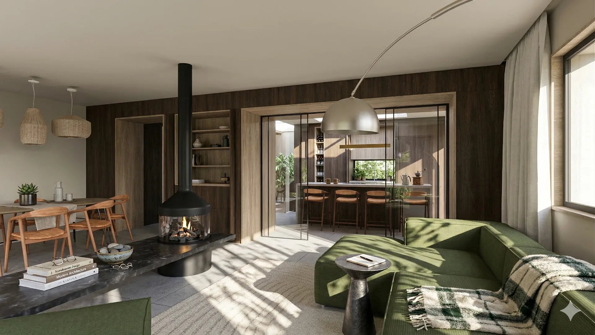 Intérieur contemporain avec cheminée et matériaux nobles